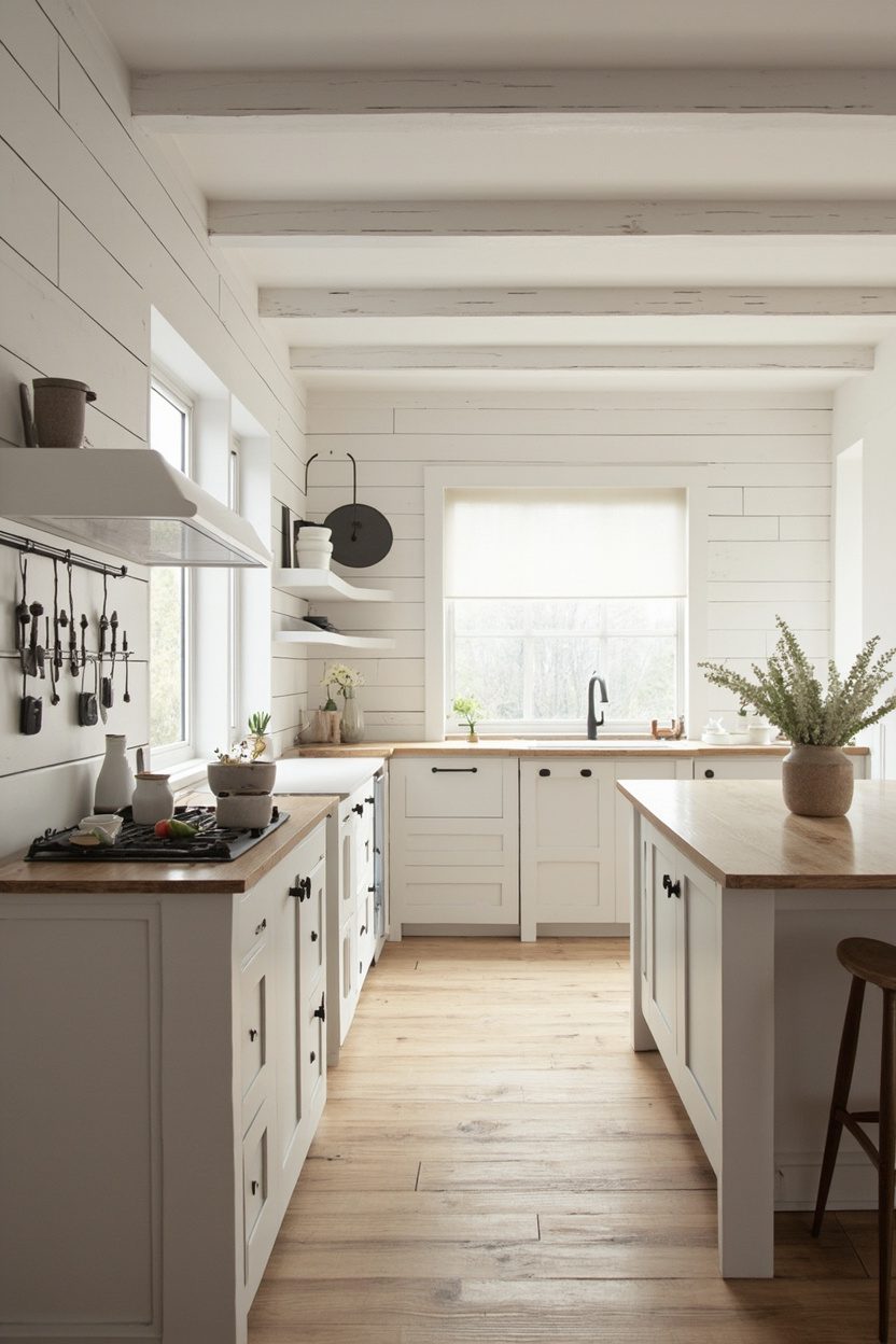 Farmhouse Open Plan Kitchen Shiplap Walls