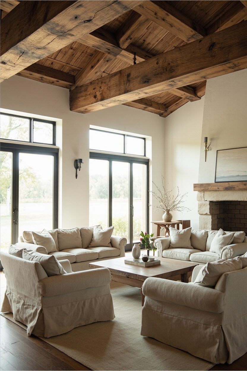 Hand-Hewn Beams, Slipcovered Seating
