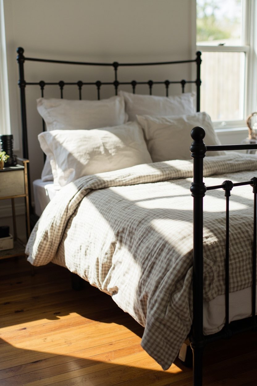 Iron Bed Frame with Gingham Bedding