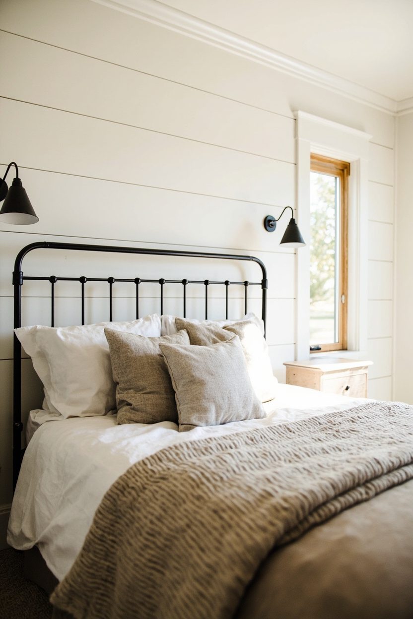 Iron Bed Paired With Shiplap