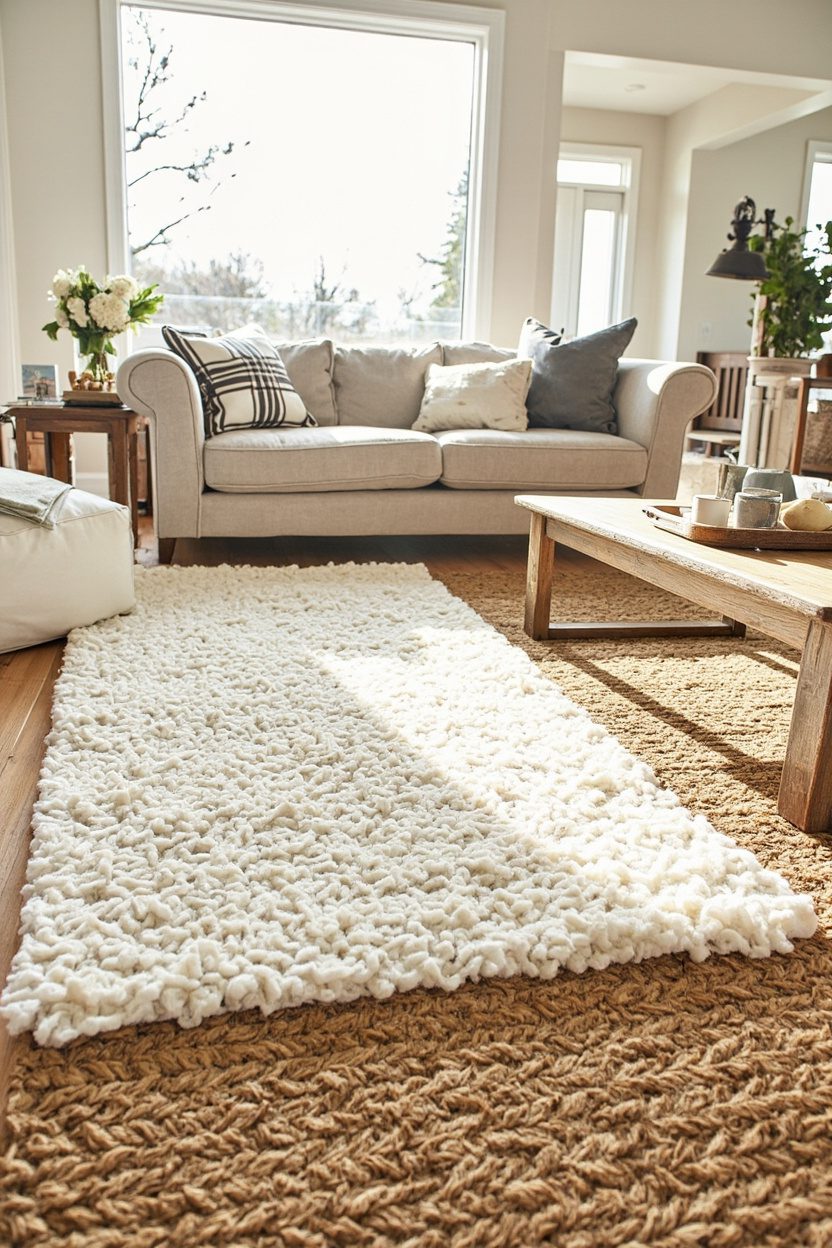 Layered jute and wool rugs