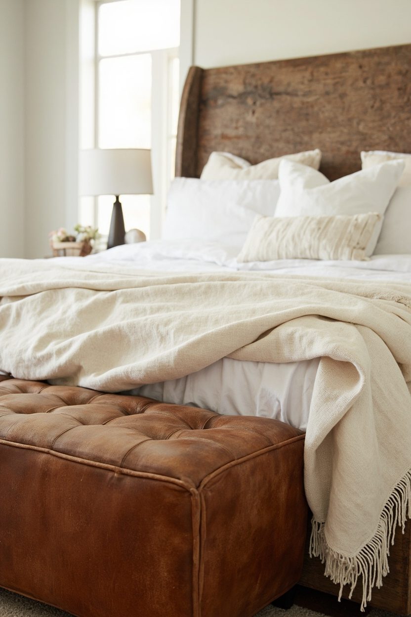 Leather Ottoman, Cotton Throw Duo