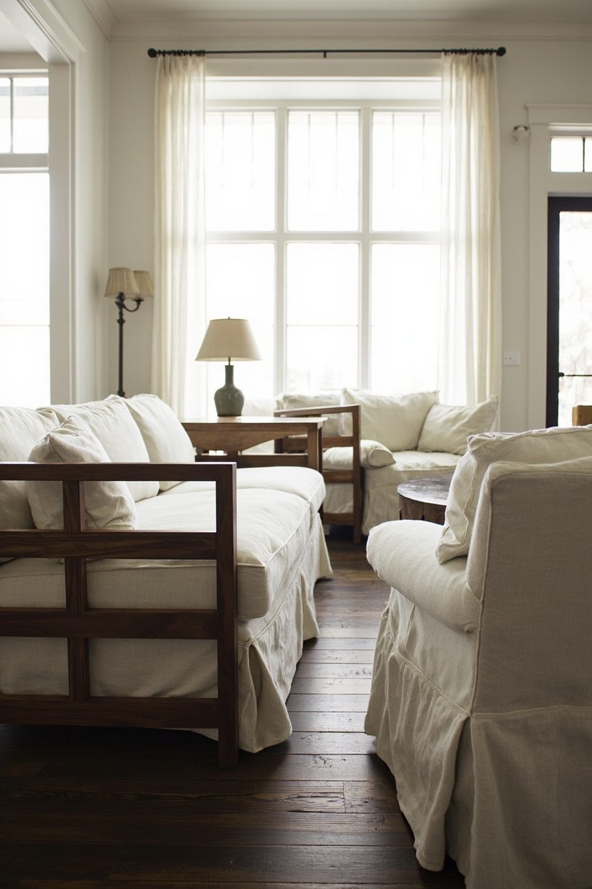 Linen Slipcovers with Walnut Trim
