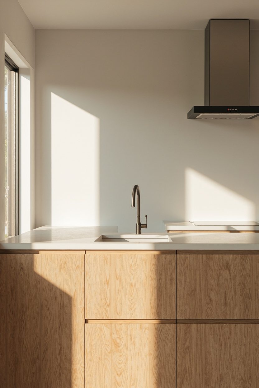 Matte lower cabinets, oak tones