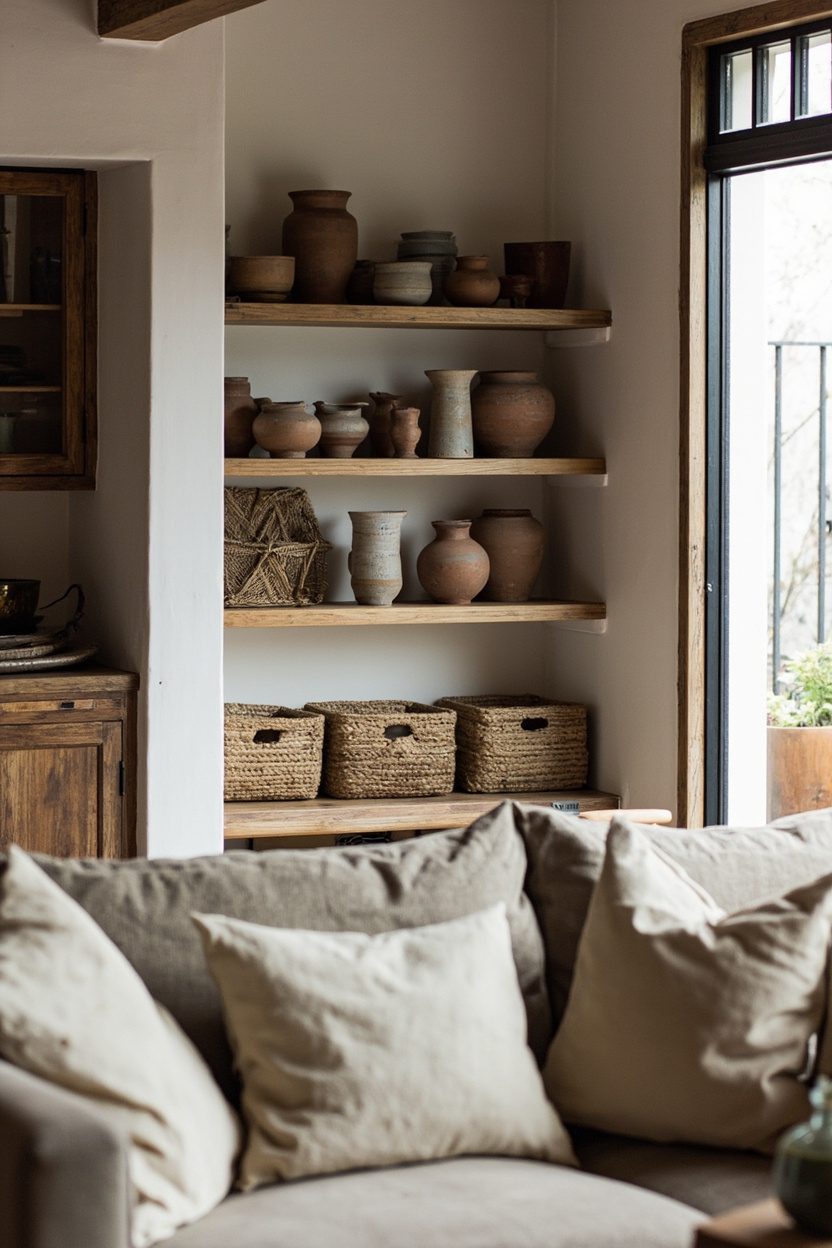Open shelving with rustic pottery