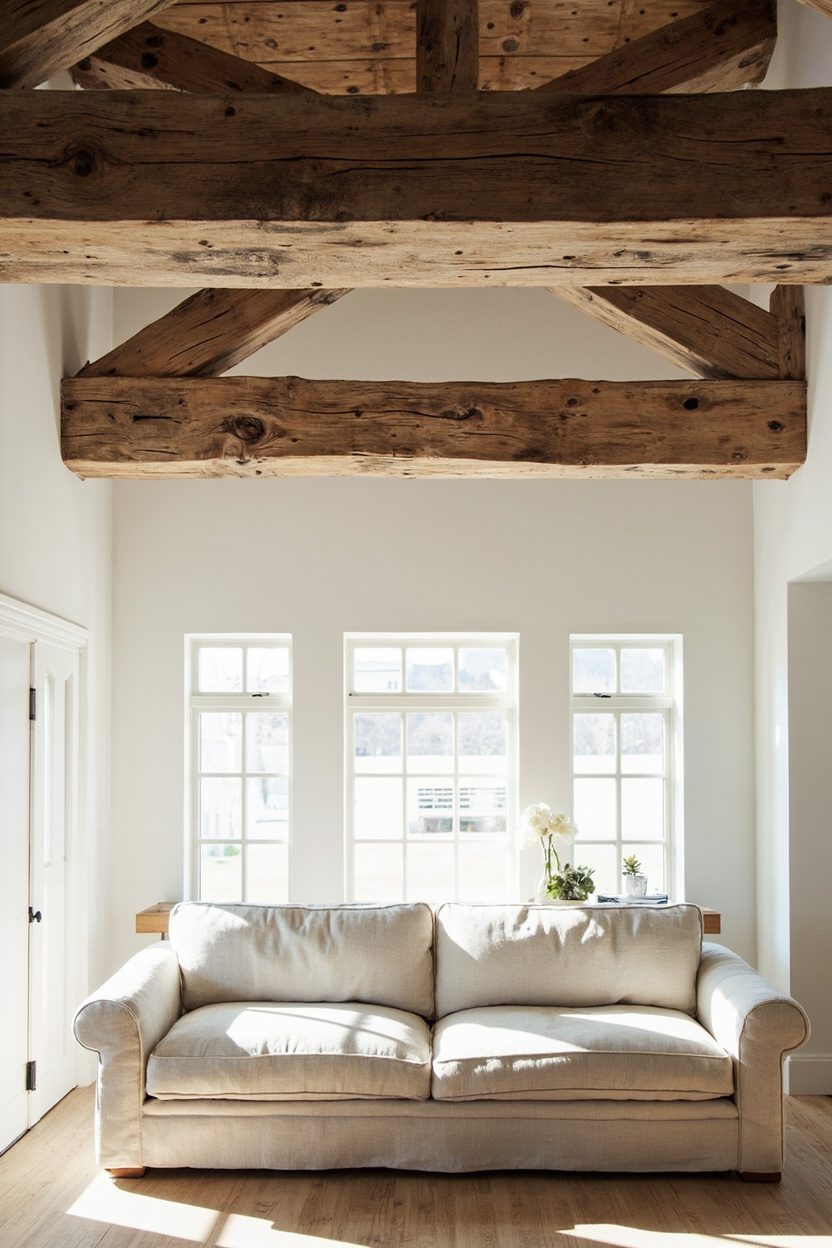 Reclaimed Wood Beams, Soft Linen Sofa