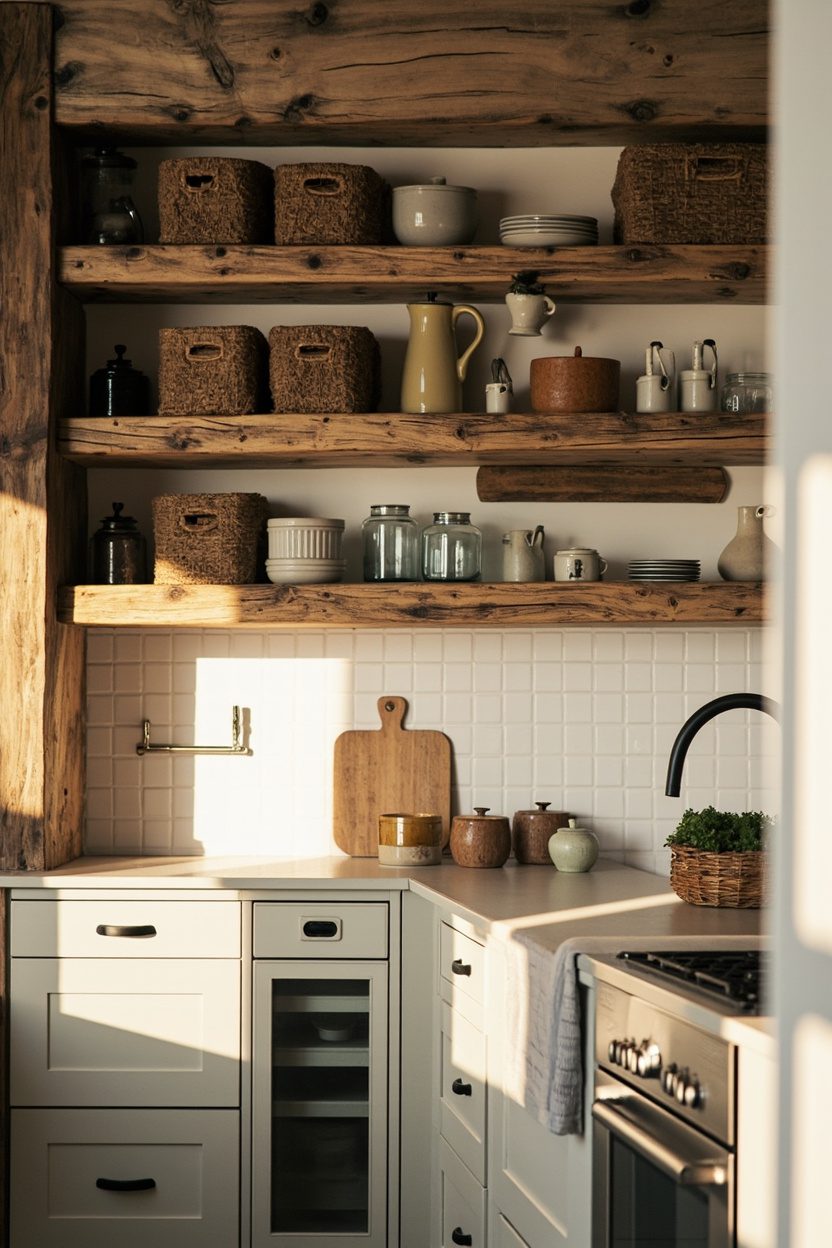 Rustic wood open shelves