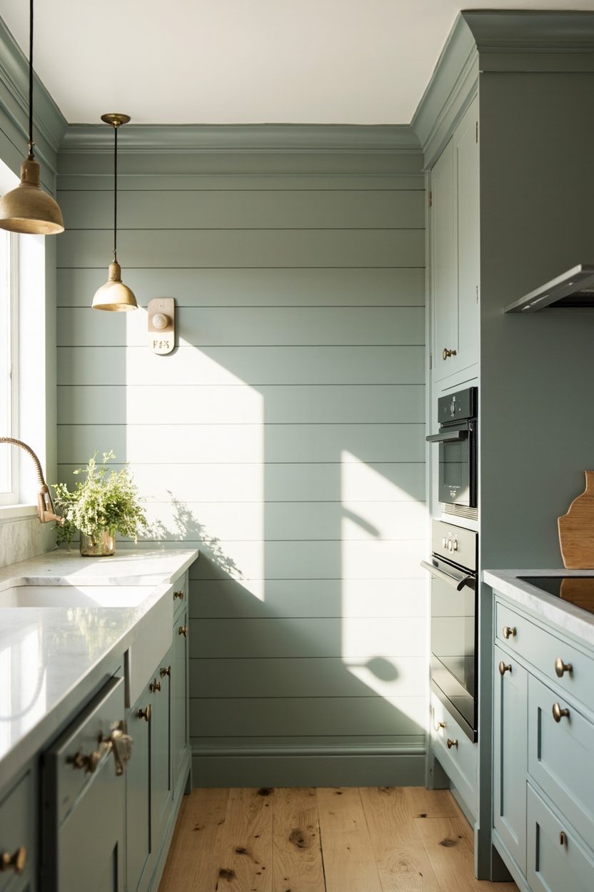 Sage paint on shiplap walls