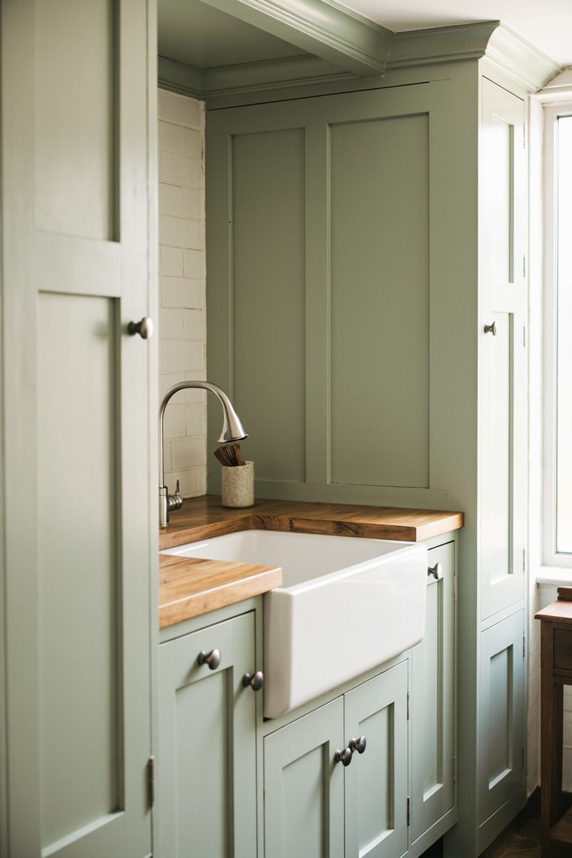 Soft Green Cabinets with Butcher Block