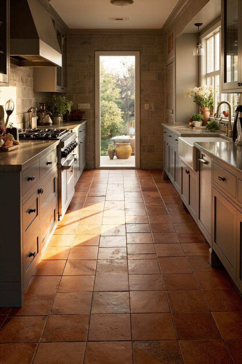 Terracotta tile herringbone floor