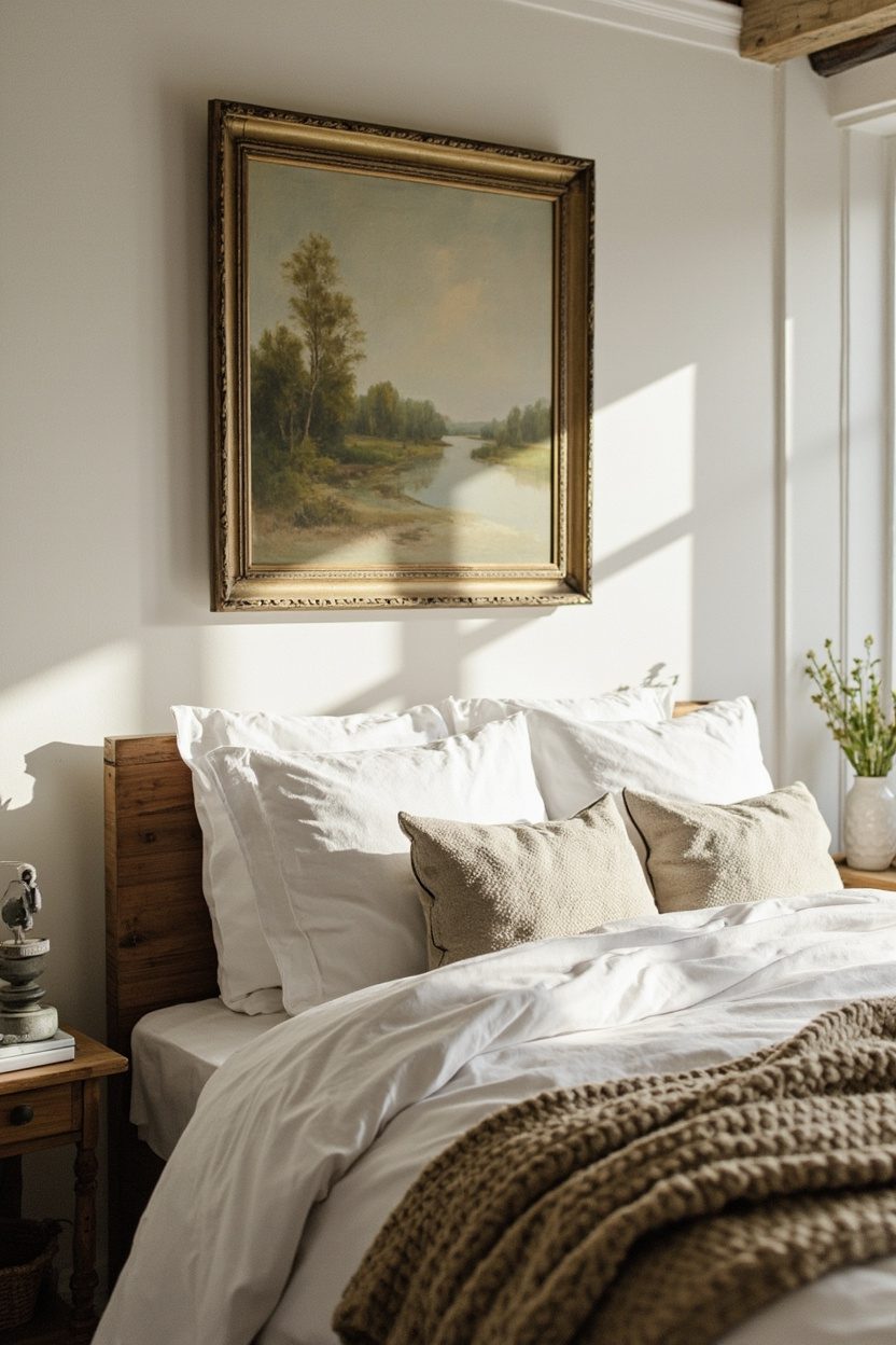 Vintage Landscape Art Above Headboard