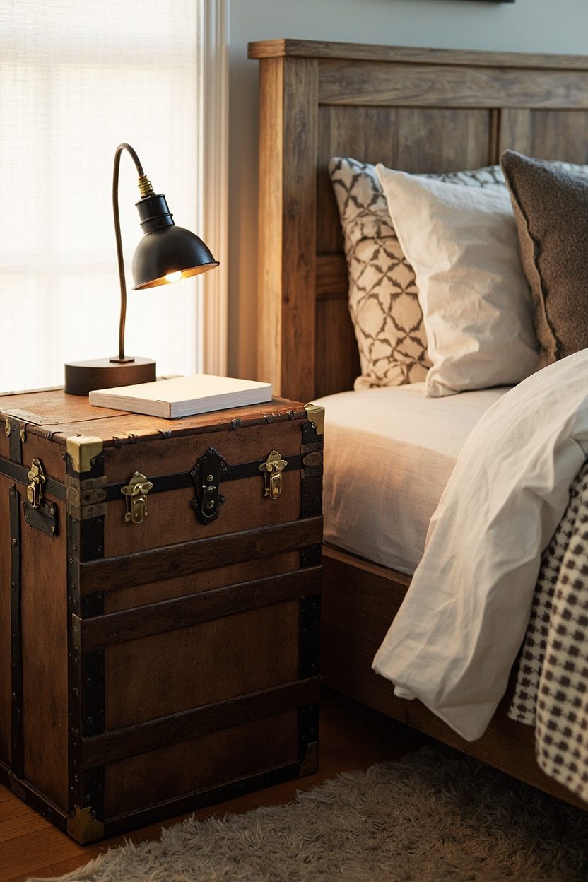 Vintage Trunk Nightstand and Lamp