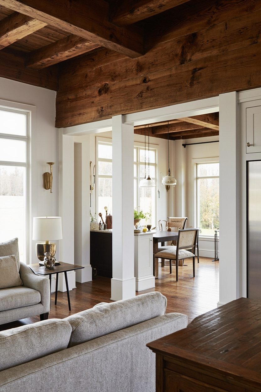 Warm Walnut Beams, Brass Fixtures