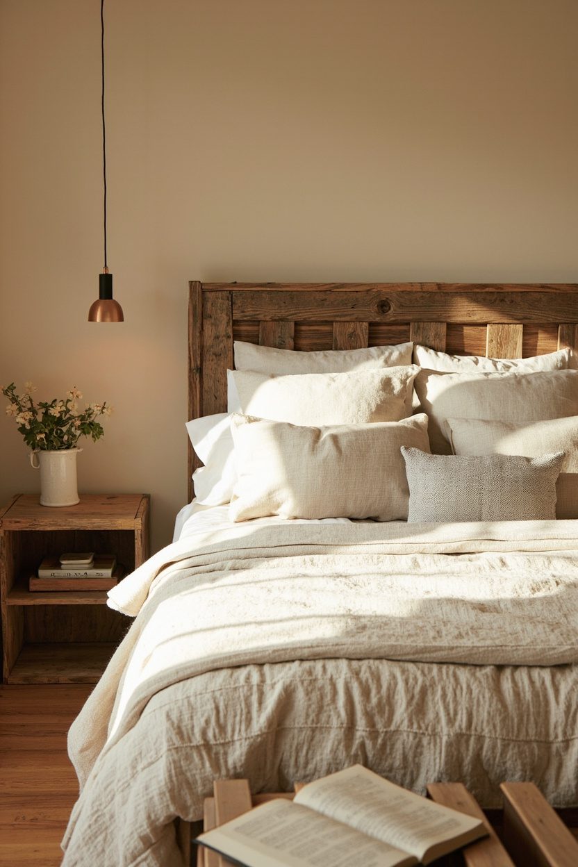 Warm farmhouse bedroom rental palette