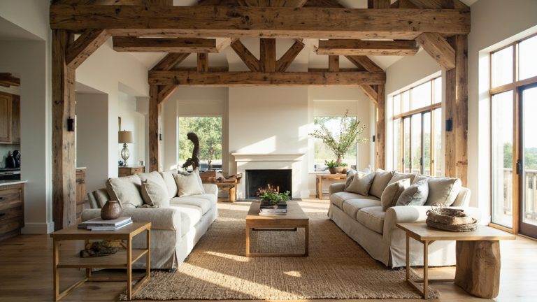 farmhouse living room wood beams Design Trends